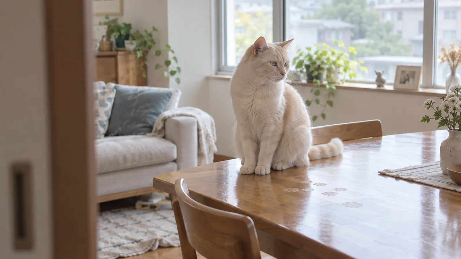 つやのある木のテーブルに前足をそろえて座り、しっぽを天板に伸ばすクリーム色の猫。天板に、うっすらと湿った足あとが残っている