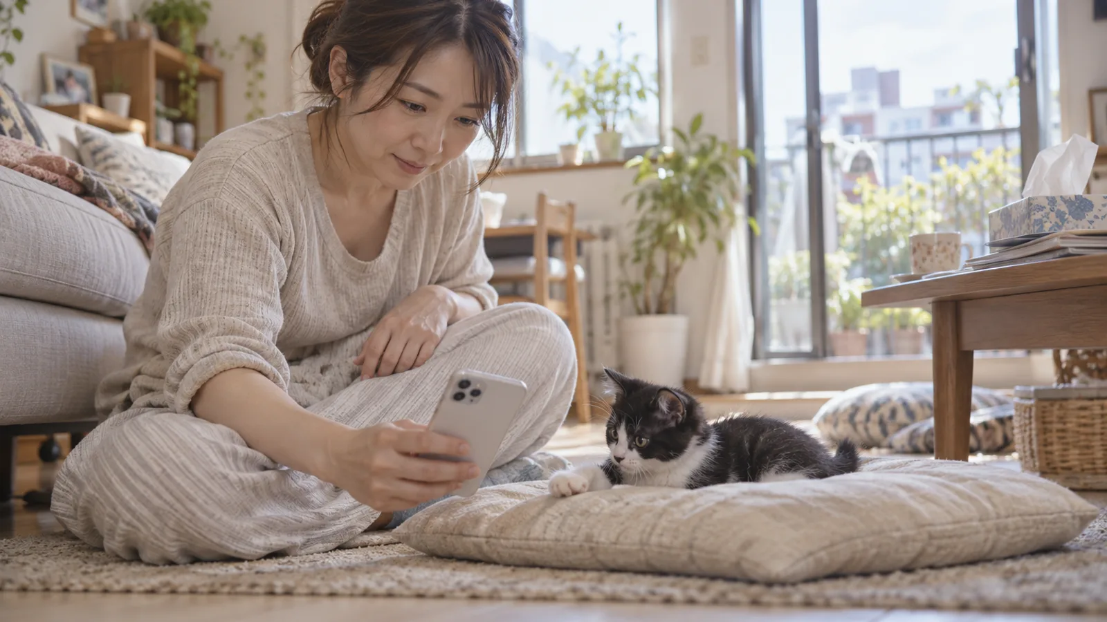 床に座ってスマートフォンを構える女性と、床のクッションに前足を伸ばして見つめる白黒の子猫