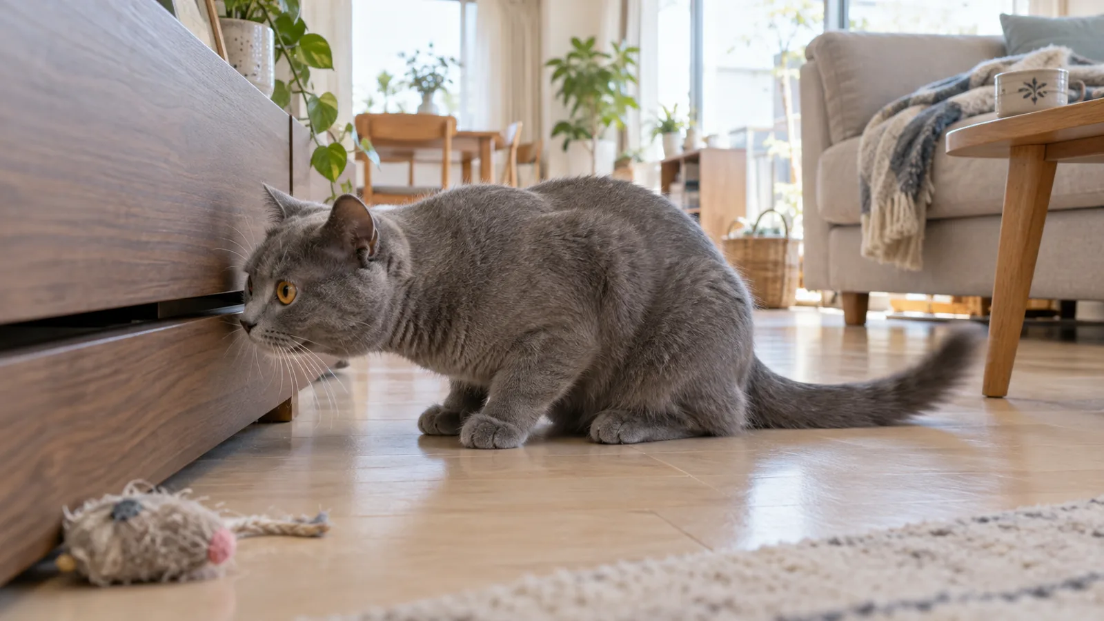 明るい部屋の床で、低い濃い色の木の棚の下のすき間をのぞきこむブルーグレーの猫。顔の前に長いひげが広がっている