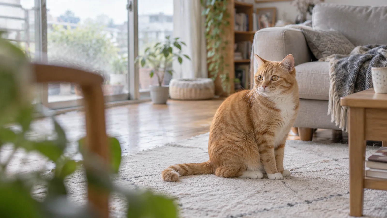 明るいリビングのラグに座り、顔をやや横に向けて穏やかに前を見る茶トラ白の猫。顔の両側に白いひげが広がっている