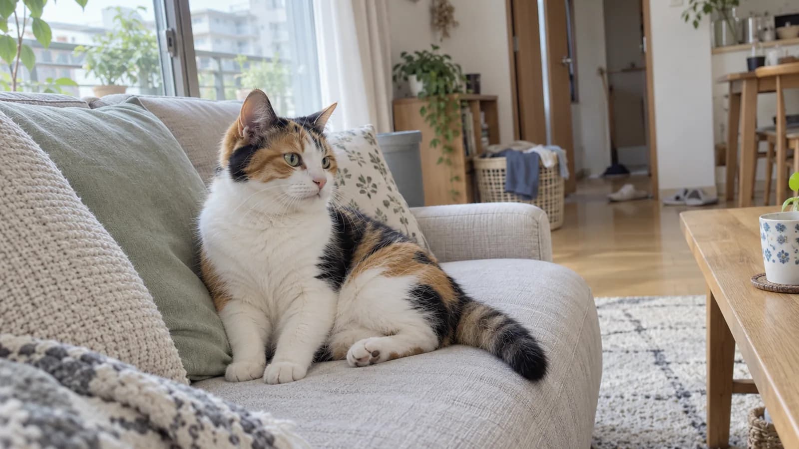 明るい窓辺のソファでくつろいで座る三毛猫。耳は自然に立ち、ひげは顔の両側にゆるやかに広がっている