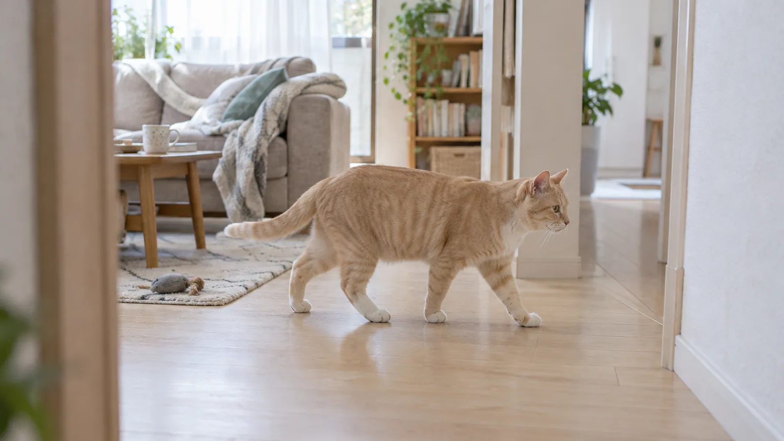 明るい部屋から廊下の入口へ向かって、横向きにゆっくり歩くクリームタビーの猫。白い足先で、顔の前にひげが見える