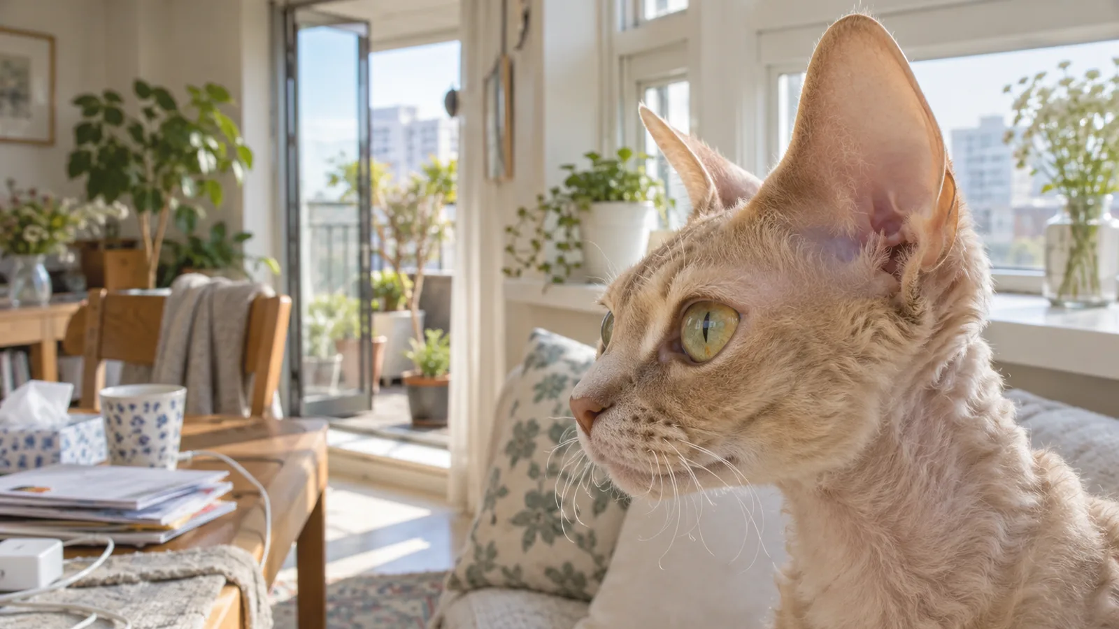出窓の明るい光の中で、顔を横に向ける短い巻き毛の猫。巻いた短めのひげが顔の両側に見える