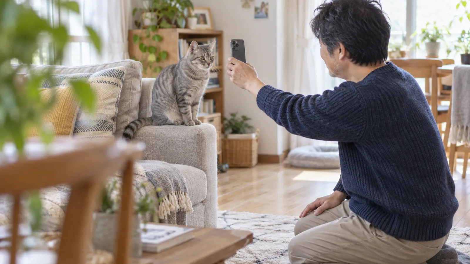 明るいリビングで、ひざ立ちでスマートフォンを構える男性と、ソファの肘掛けに座ってそちらを見るグレータビーの猫