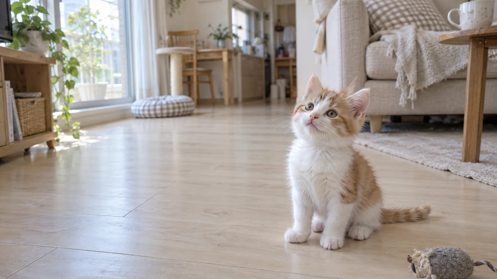 明るい部屋の木の床に座って、上を見上げている白と茶の子猫