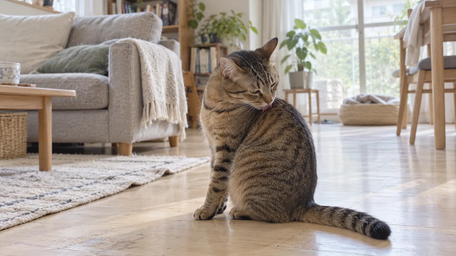 明るい部屋の木の床にお座りして、振り向いて肩のあたりの毛をなめているキジトラの猫