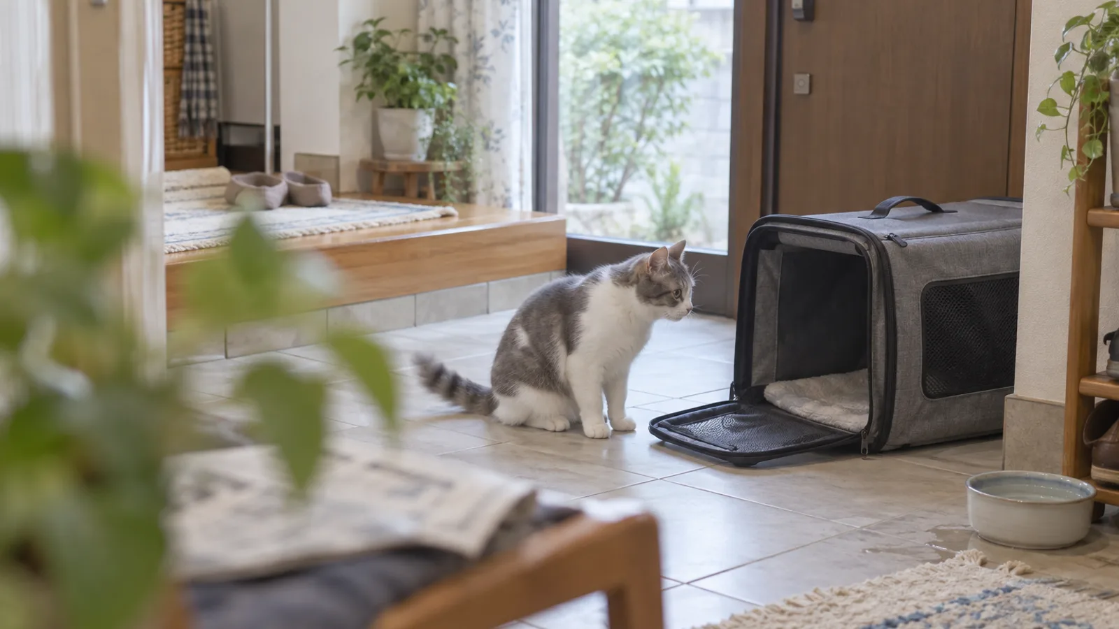 明るい玄関の床で、ふたの開いたグレーのキャリーバッグを見つめてお座りしている白とグレーの猫