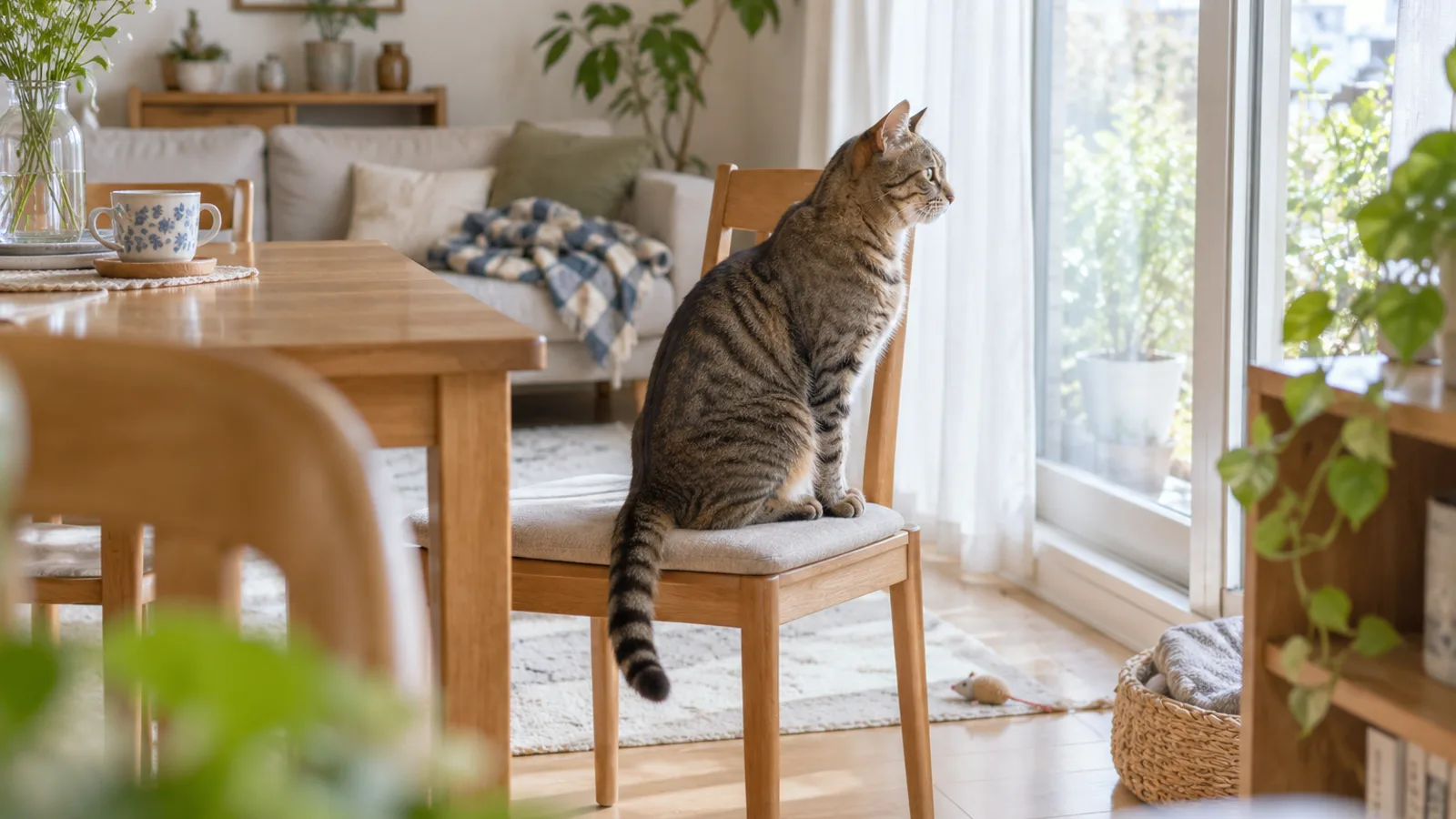 明るいダイニングの椅子に座り、窓のほうを見ているキジトラの猫の横顔