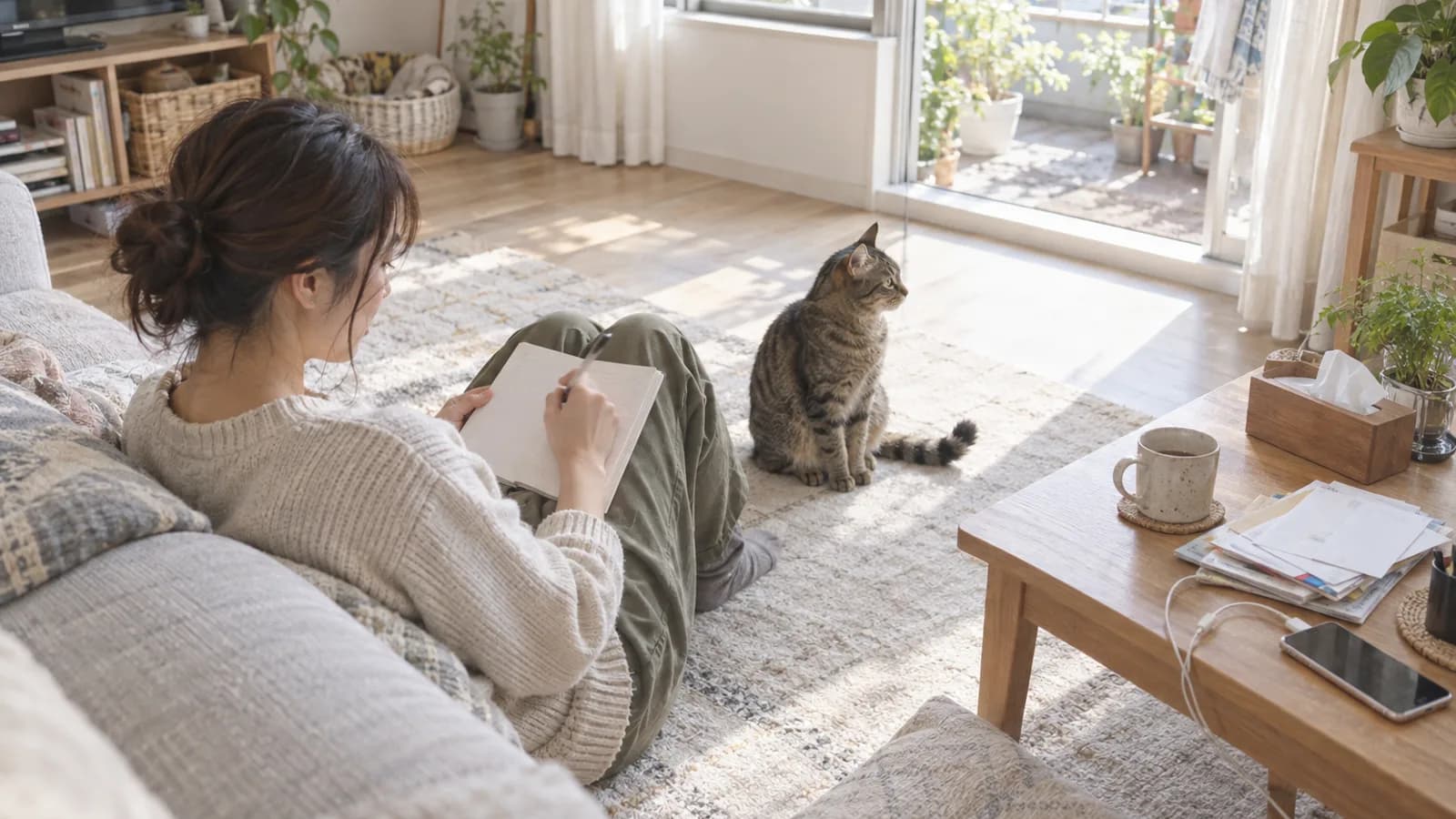 明るい部屋の床でソファにもたれ、手帳にペンで書き込む女性と、そばにお座りして窓のほうを見ているキジトラの猫