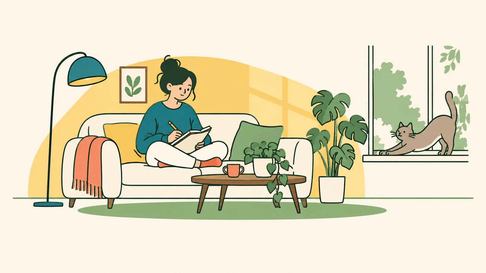 イラスト:明るい居間のソファでノートに鉛筆で書く女性と、窓辺で伸びをする短毛の猫