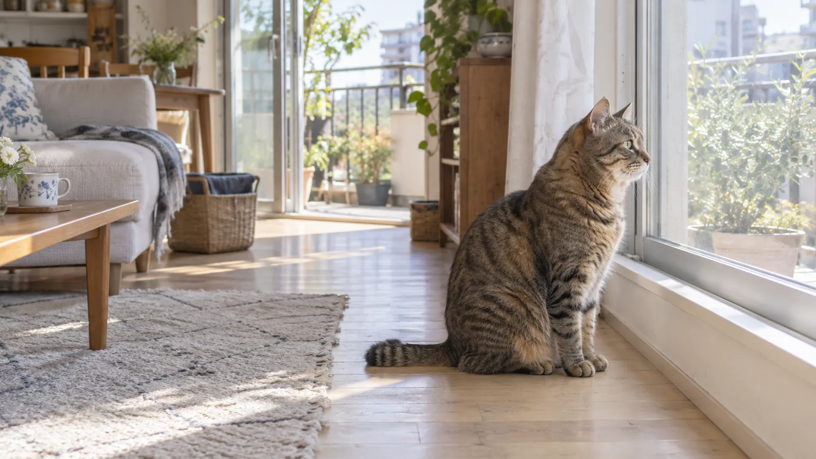 明るい窓辺に座り、窓の外を見ているキジトラの猫