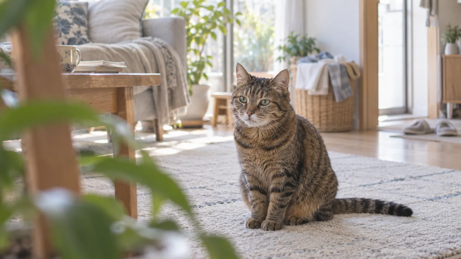 明るい居間のラグに座り、こちらを見つめるキジトラの猫