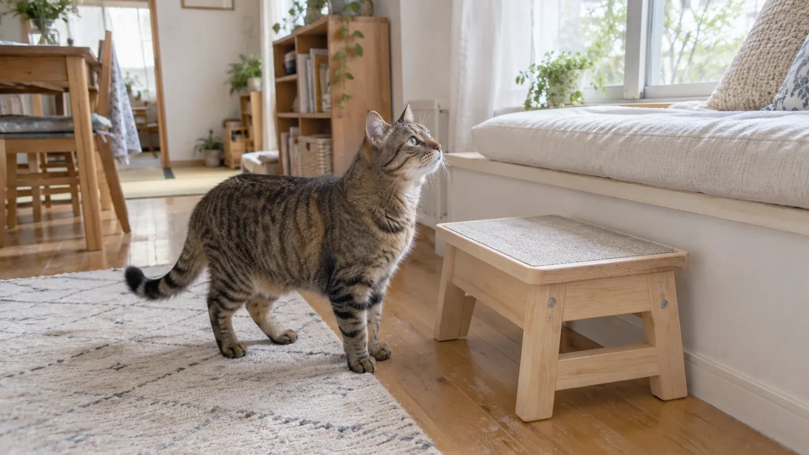 窓辺の座面へ上がる段差の前で、低い踏み台のそばの床に立ち、見上げるキジトラの猫