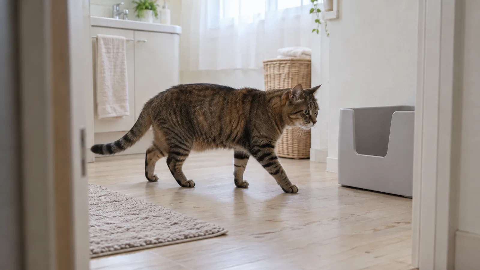 明るい部屋の床で、出入り口の低い箱に向かって歩くキジトラの猫