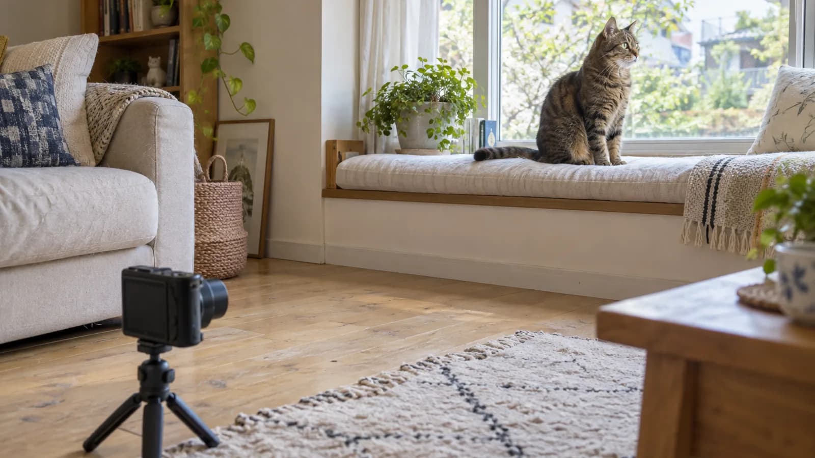 窓辺の座面に座るキジトラの猫と、猫に向けて床に置かれた小さな三脚つきのカメラ