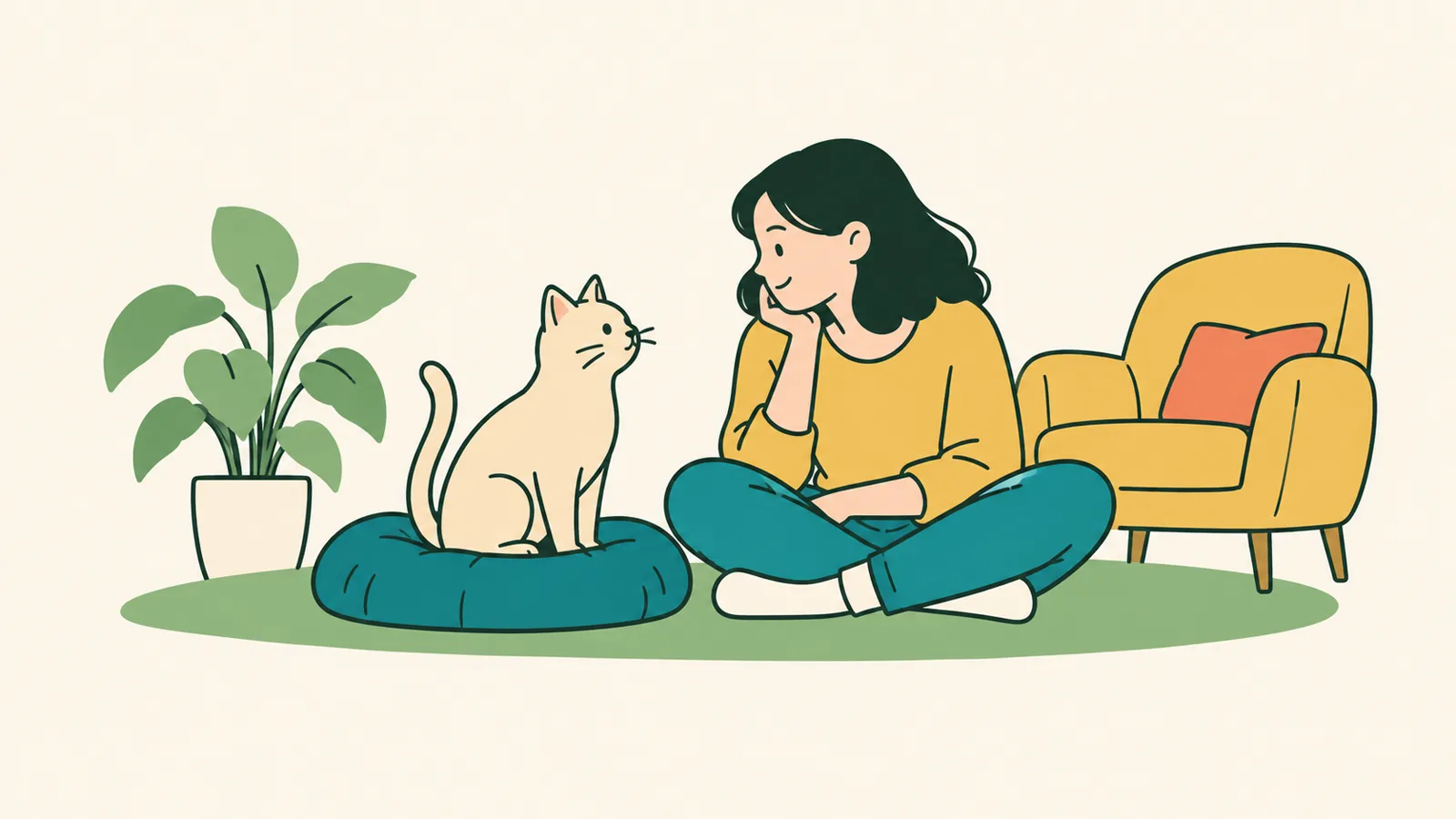 イラスト:明るいリビングで、床に座った飼い主が、クッションの上に座る短い毛の猫を横から見守っている