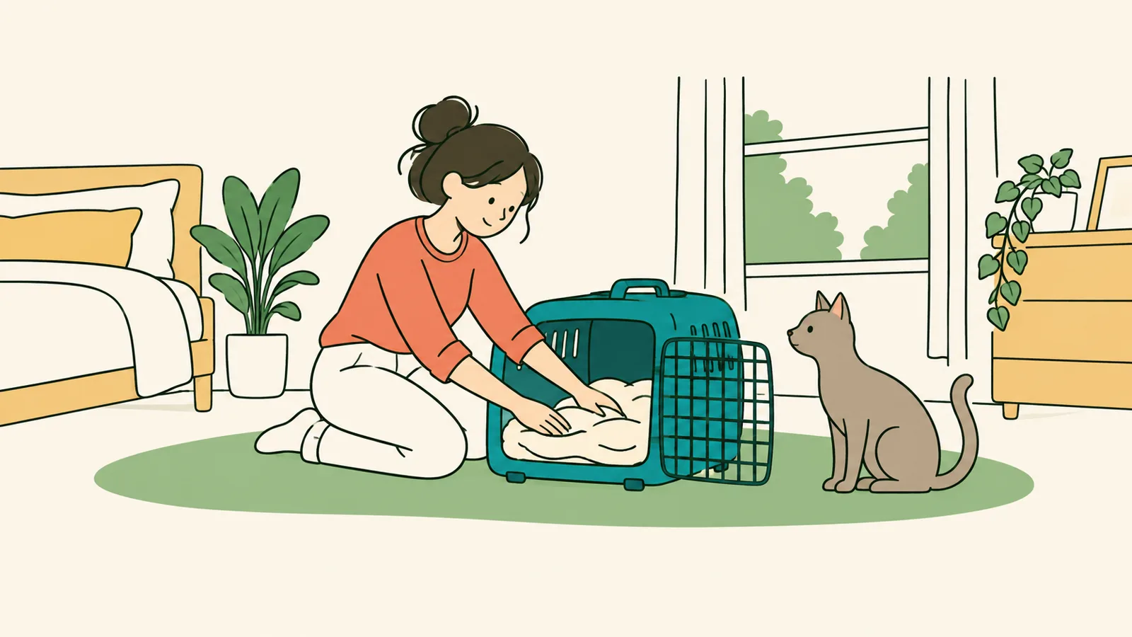 イラスト:明るい寝室で、女性がキャリーの中に毛布を整え、そばで短毛の猫が見ている