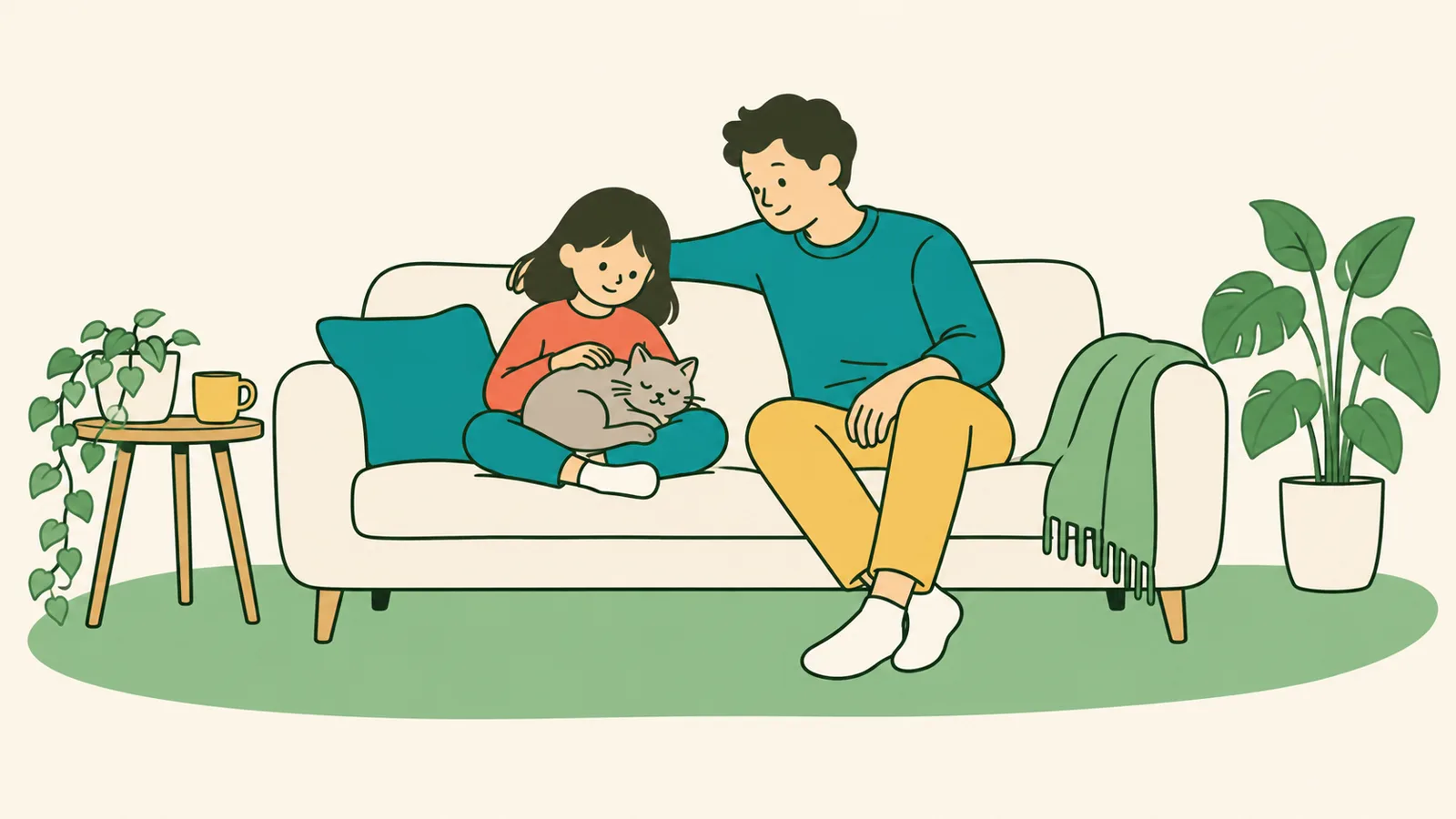 イラスト:明るいソファで、子どもの膝の上で猫が目を細め、横で親が見守っている