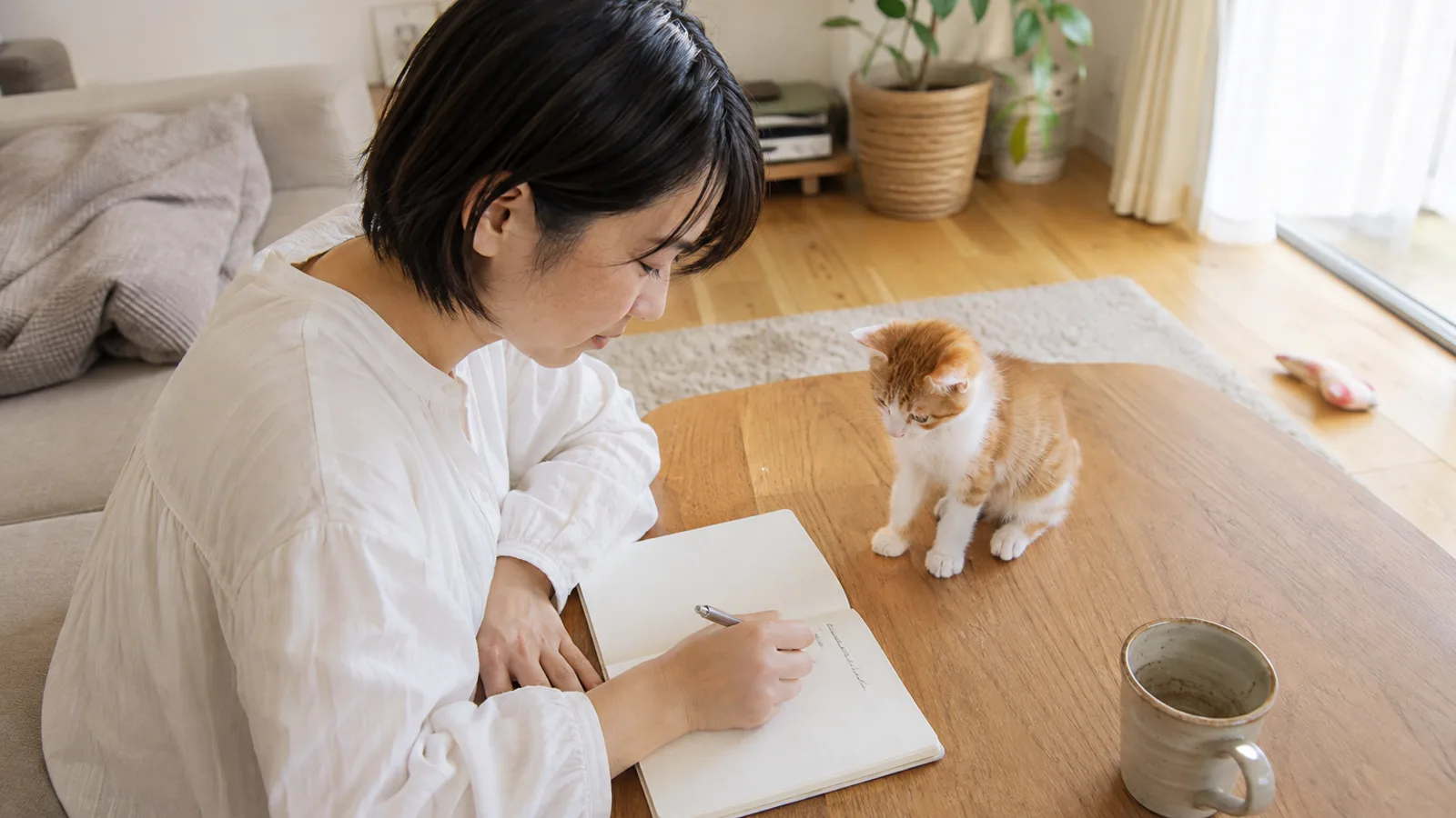 ローテーブルで無地のノートに一行書き足す女性の手元と、その横に座って手元を見る茶と白の子猫