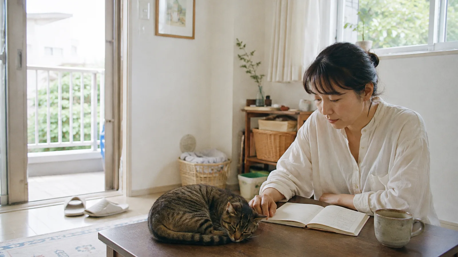 ちゃぶ台に開かれた無地の手帳に手を添える女性と、その横で丸くなるキジトラ猫