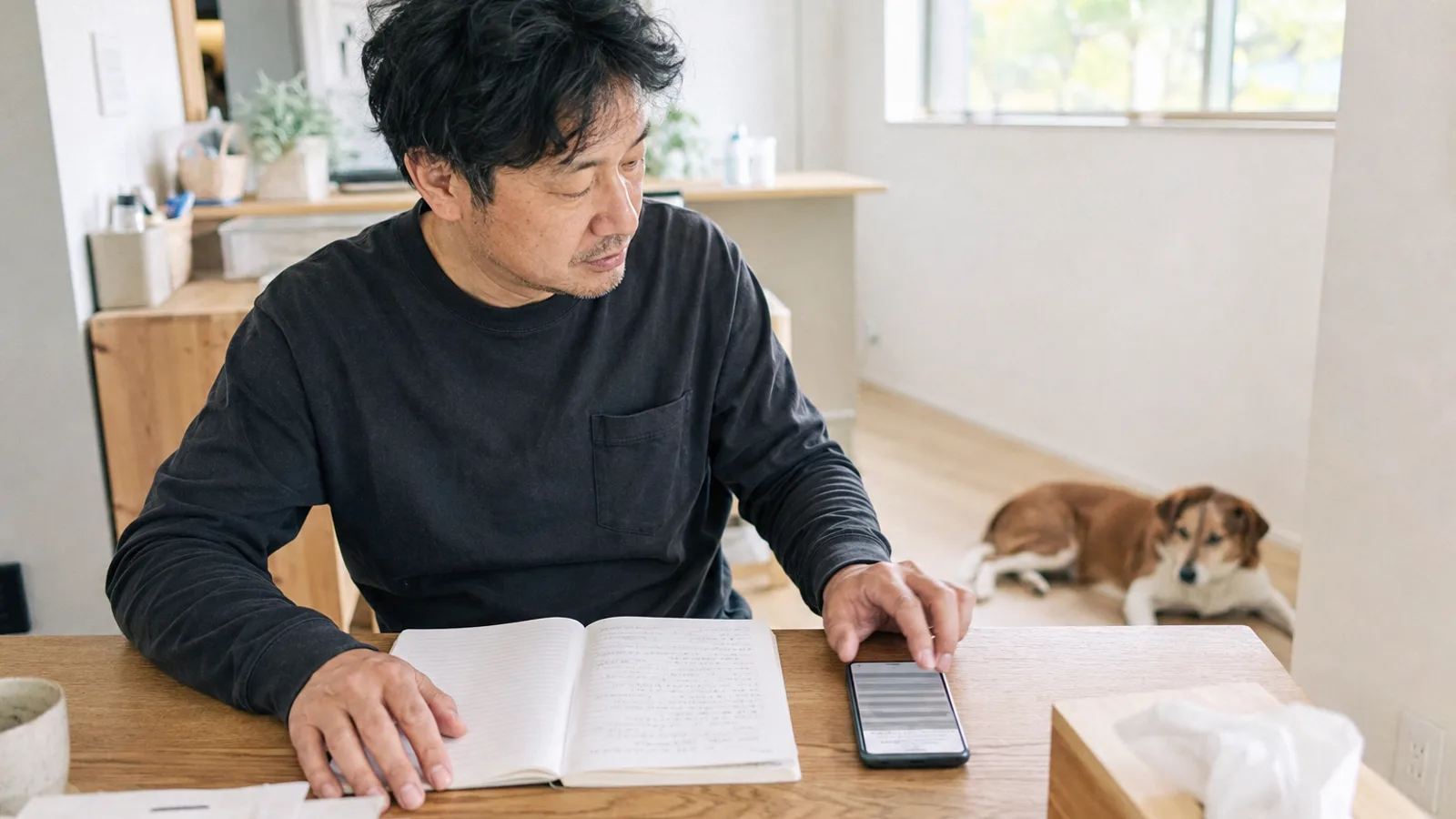 テーブルに並べて置かれた無地のノートとスマートフォンに片手ずつ置く男性と、奥の床に伏せる短毛の中型犬