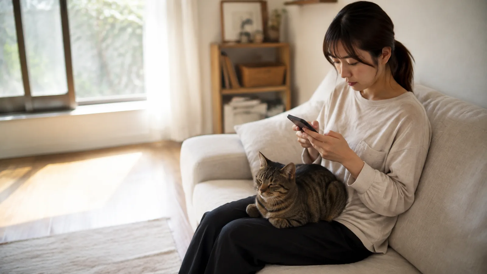 ソファでスマートフォンに短い一言を入力する女性と、ひざに乗るキジトラ猫