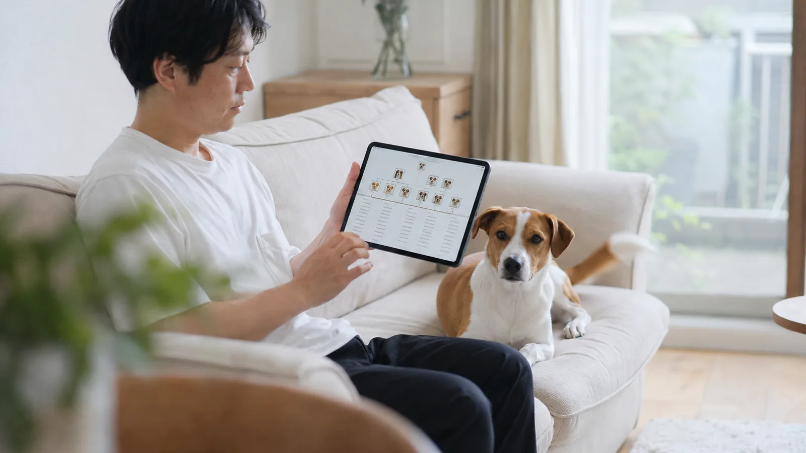 タブレットの画面で犬の顔写真を線でつないだ家系の図と記録の一覧を見る男性と、隣に座る短毛の中型犬