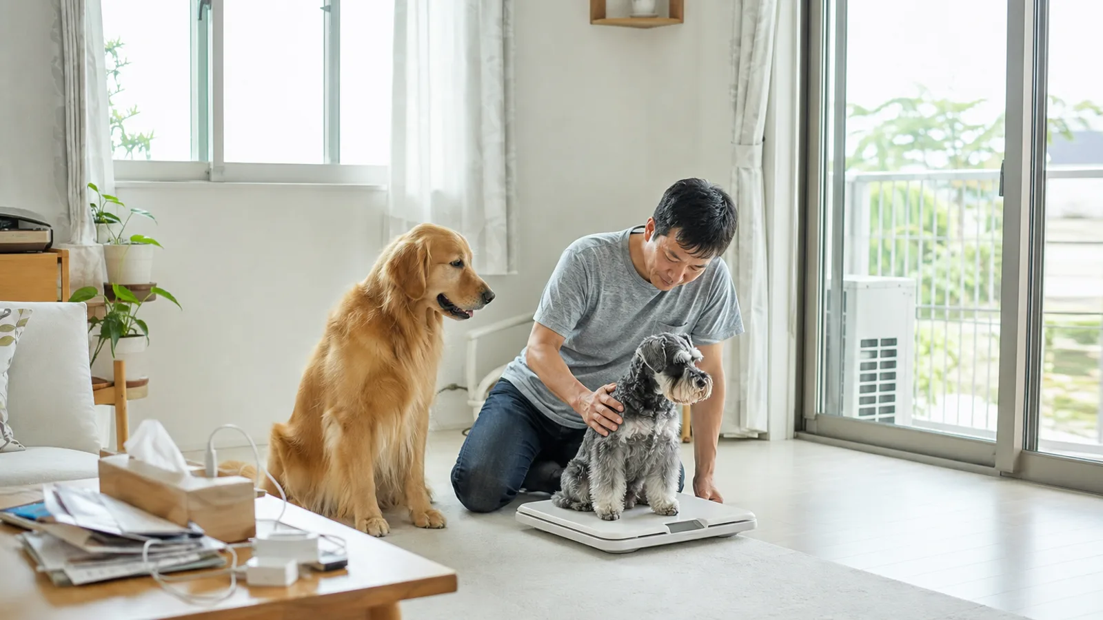 床の平たいペット用体重計に座るミニチュア・シュナウザーと、その横で順番を待つ大型のゴールデン・レトリーバー。膝をついた男性が小型犬に手を添えている