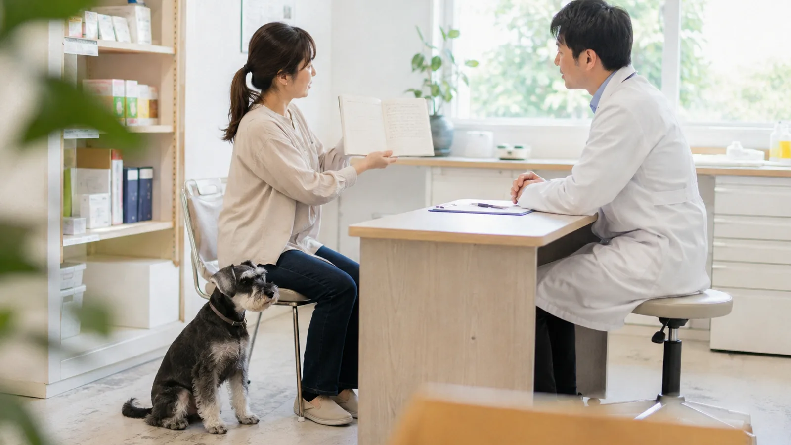 診察室で、開いた無地のノートを机の向こうの獣医師に差し出して見せる女性と、足元に座るミニチュア・シュナウザー