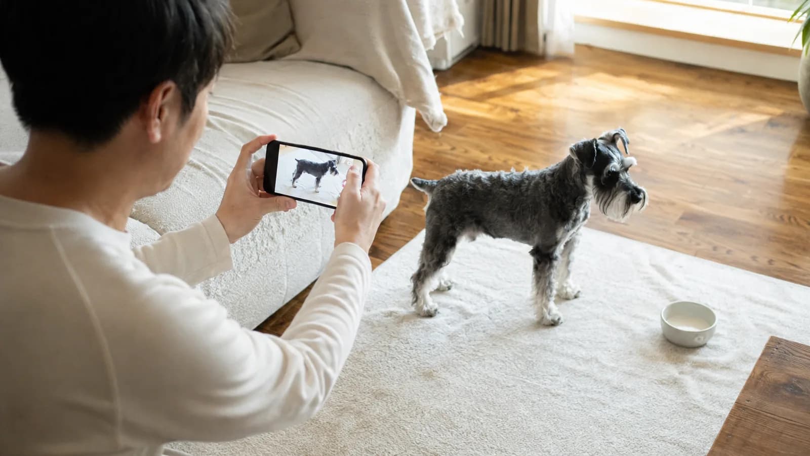 真横を向いて立つミニチュア・シュナウザーの全身をスマートフォンで撮影する男性。犬の横の床に白い器