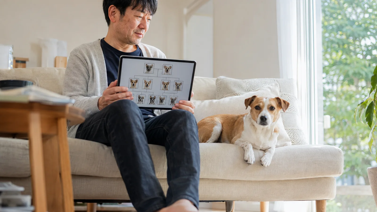 タブレットの画面で犬の顔写真を線でつないだ家系の図を見る男性と、隣に座る中型ミックス犬