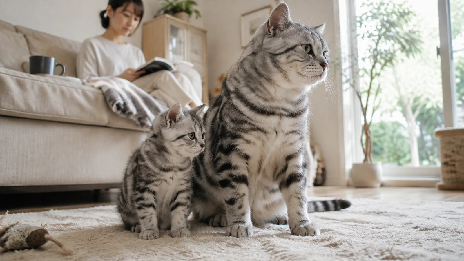 ラグの上に並んで座る、シルバータビーの子猫と、同じ柄でおよそ1.8倍の大きさの成猫。奥のソファで本を読む女性