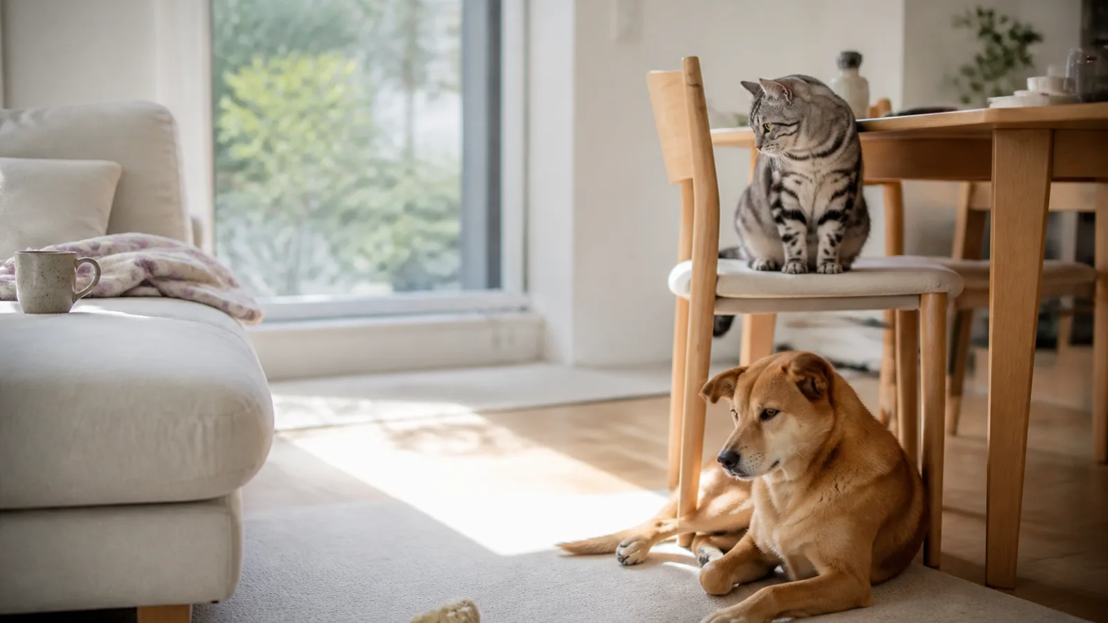 ダイニングチェアの座面に座るシルバータビーの猫と、その足元の床に伏せる中型の短毛の茶色い犬