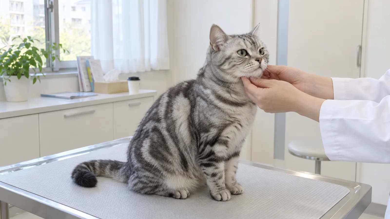 診察台に座り、獣医師の両手にあごを支えられているシルバータビーの猫