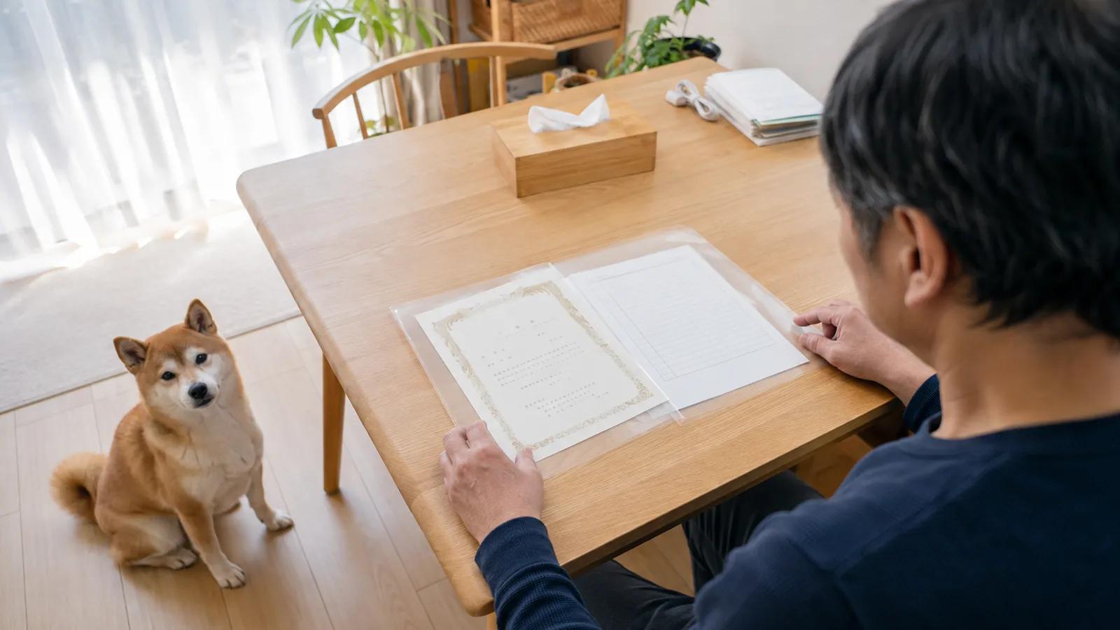 テーブルの上で架空の血統書と無地の記録用紙を透明なファイルにまとめる男性と、床に座る柴犬