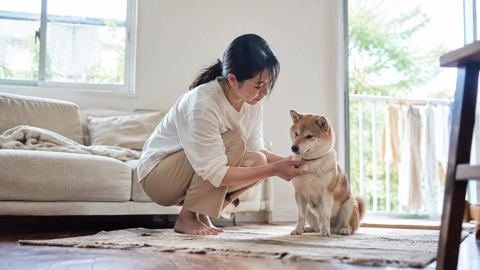 座る柴犬の首輪についた無地の丸い迷子札を、しゃがんで指先で確かめる女性
