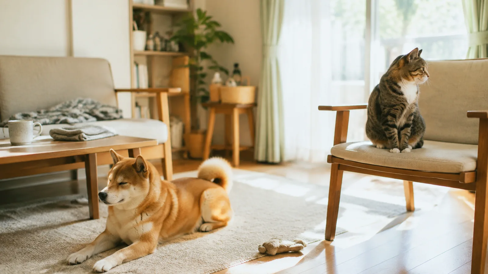 床に伏せる柴犬と、少し離れた椅子の座面に座るキジトラ白の猫
