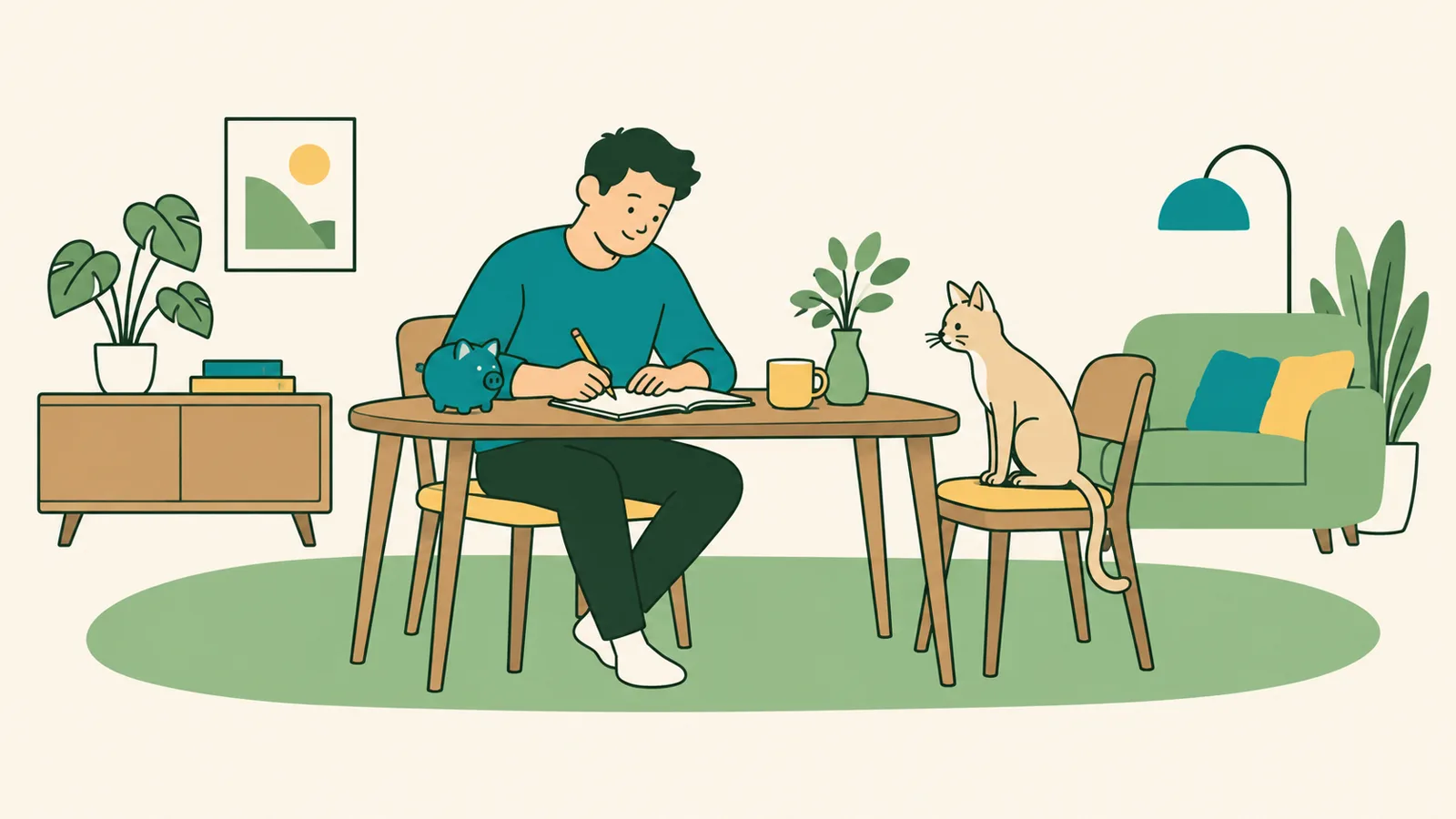 イラスト:明るいリビングのテーブルでノートに書きものをする男性と、そばの貯金箱、椅子の上から見守る短毛の猫